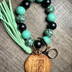 Mint and Black Beaded Keychain with Tassel